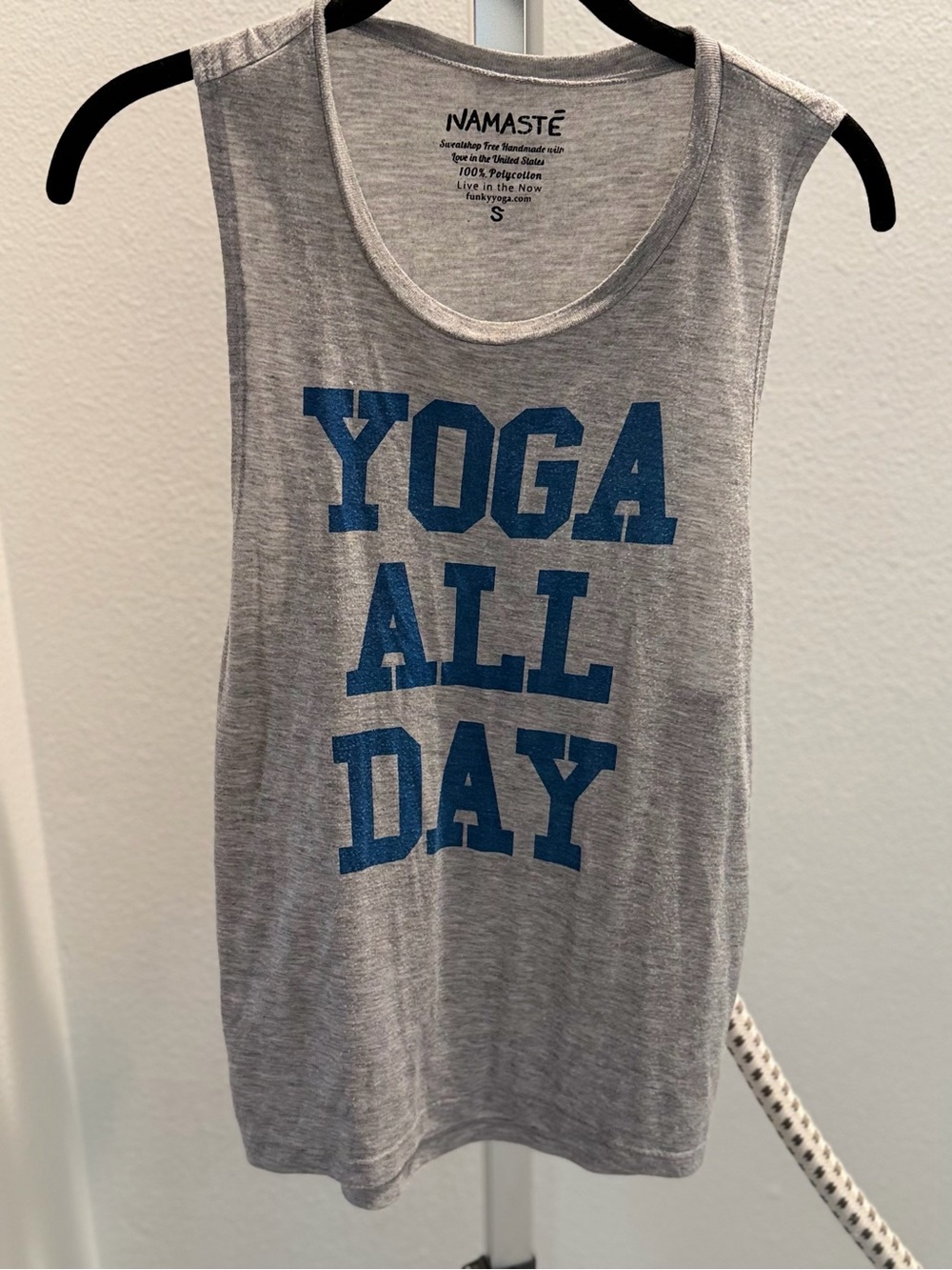 Gray Sports Tank with Blue 'Yoga All Day' Text